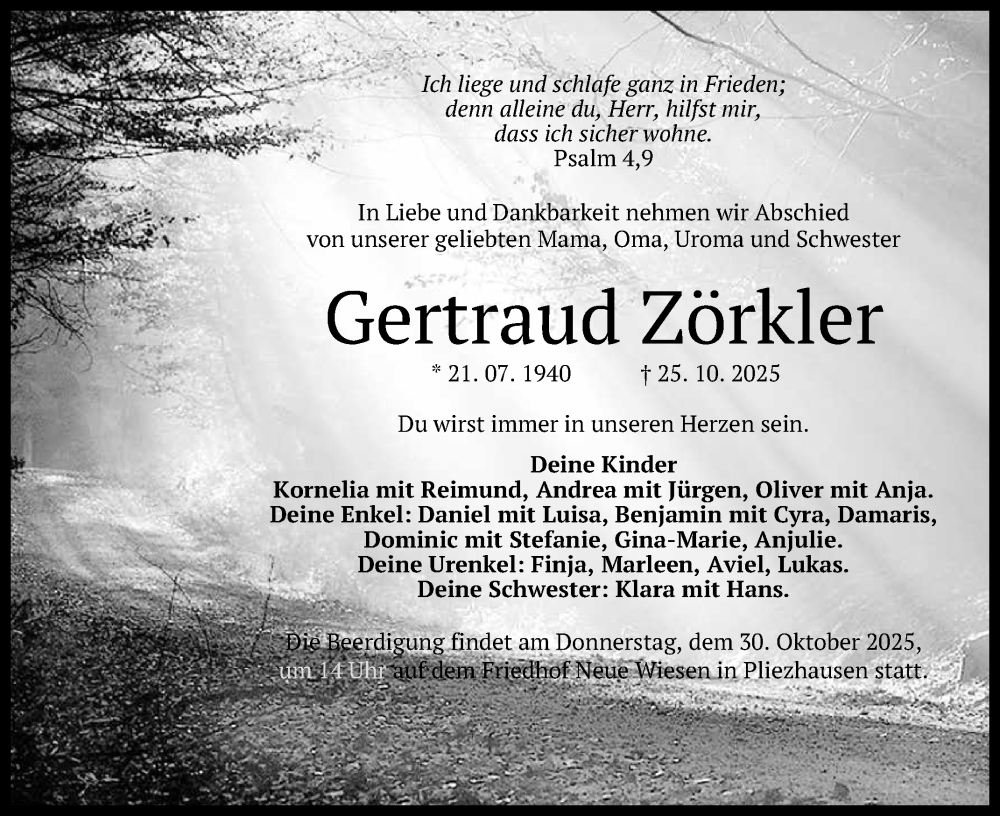 Traueranzeige für Gertraud Zörkler vom 28.10.2025 aus Reutlinger General-Anzeiger