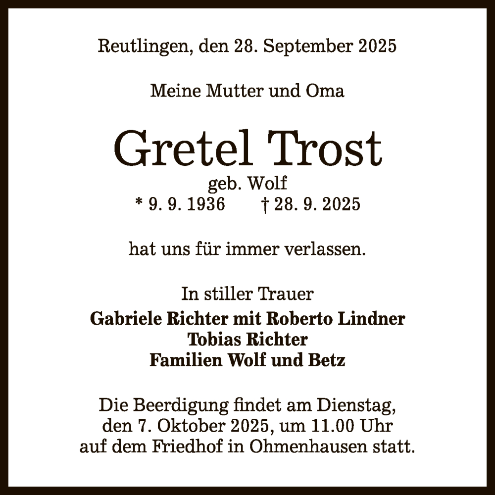  Traueranzeige für Gretel Trost vom 02.10.2025 aus Reutlinger General-Anzeiger