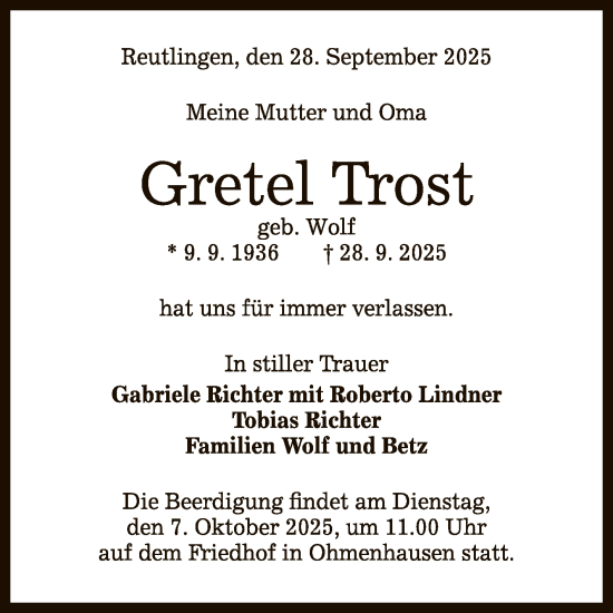 Anzeige von Gretel Trost von Reutlinger General-Anzeiger