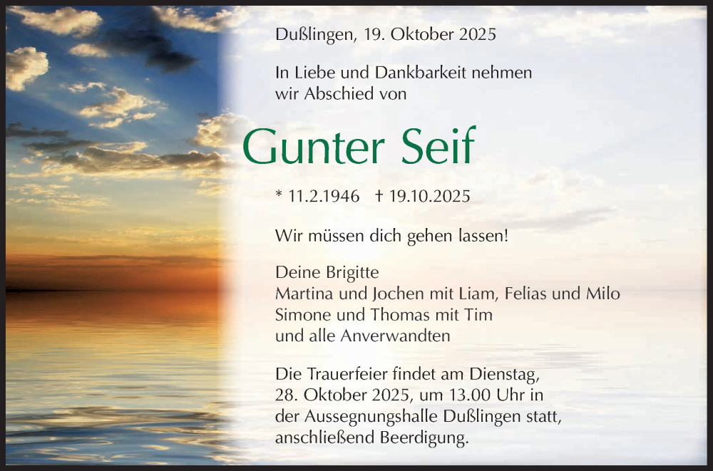  Traueranzeige für Gunter Seif vom 23.10.2025 aus Reutlinger General-Anzeiger