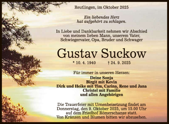 Anzeige von Gustav Suckow von Reutlinger General-Anzeiger