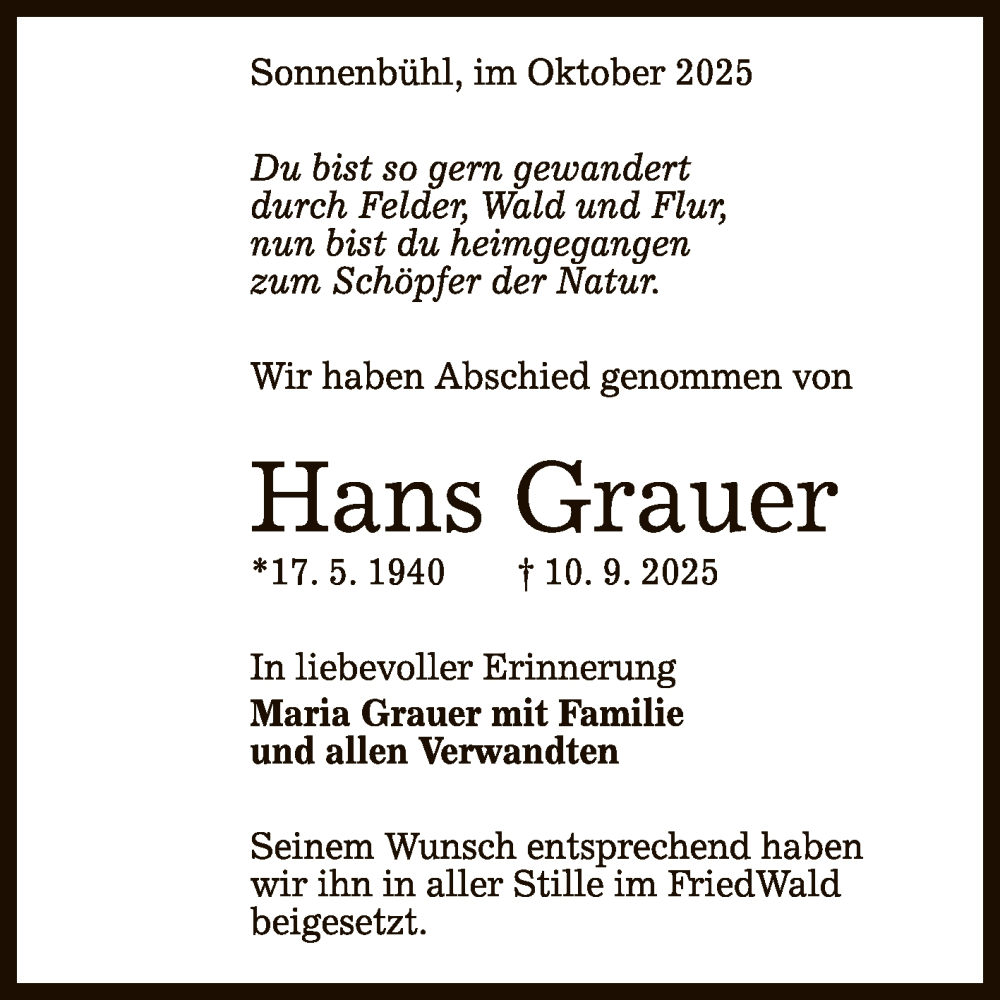  Traueranzeige für Hans Grauer vom 18.10.2025 aus Reutlinger General-Anzeiger