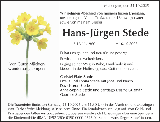Anzeige von Hans-Jürgen Stede von Reutlinger General-Anzeiger