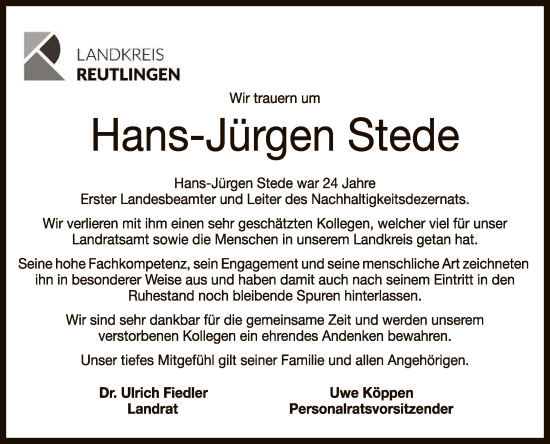 Anzeige von Hans-Jürgen Stede von Reutlinger General-Anzeiger