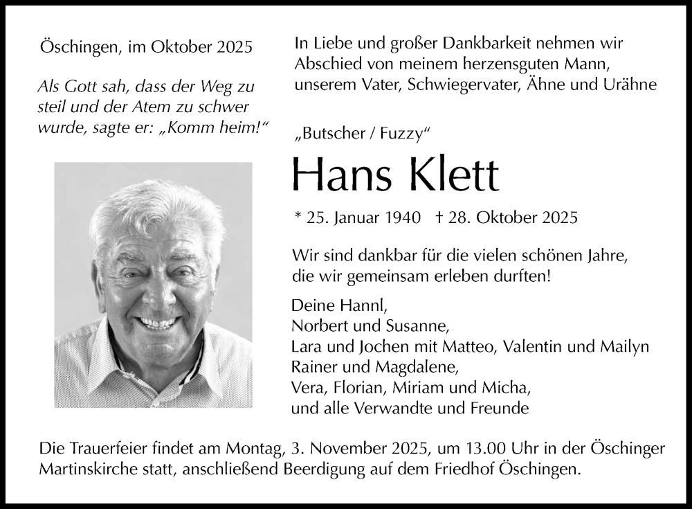  Traueranzeige für Hans Klett vom 30.10.2025 aus Reutlinger General-Anzeiger