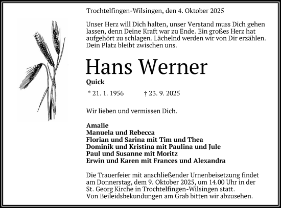 Anzeige von Hans Werner Quick von Reutlinger General-Anzeiger