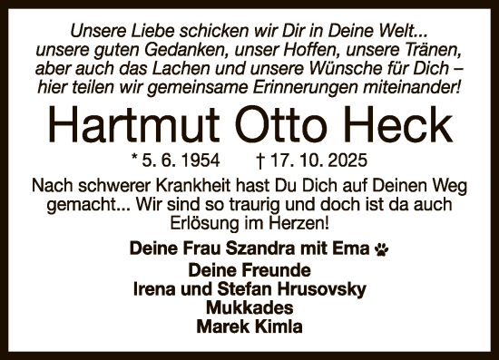 Anzeige von Hartmut Otto Heck von Reutlinger General-Anzeiger