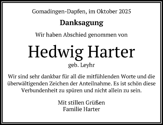 Anzeige von Hedwig Harter von Reutlinger General-Anzeiger