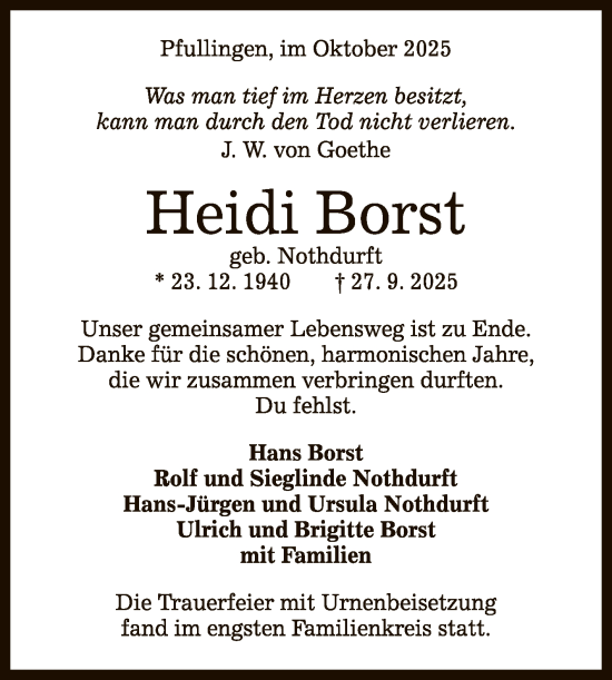 Anzeige von Heidi Borst von Reutlinger General-Anzeiger