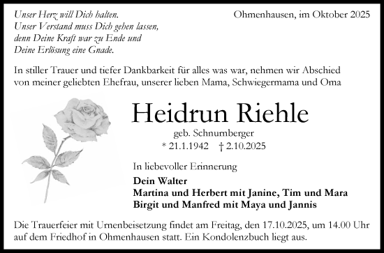 Anzeige von Heidrun Riehle von Reutlinger General-Anzeiger