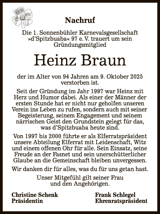 Anzeige von Heinz Braun von Reutlinger General-Anzeiger