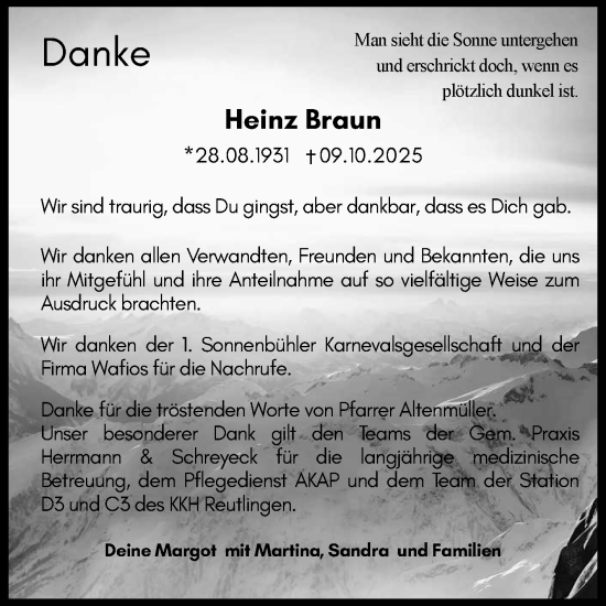 Anzeige von Heinz Braun von Reutlinger General-Anzeiger