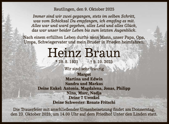 Anzeige von Heinz Braun von Reutlinger General-Anzeiger