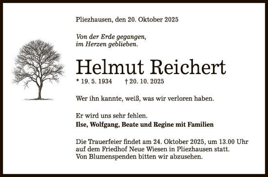 Anzeige von Helmut Reichert von Reutlinger General-Anzeiger