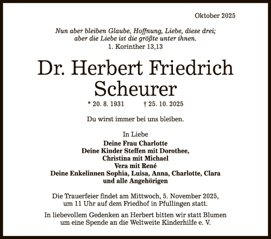 Anzeige von Herbert Friedrich Scheurer von Reutlinger General-Anzeiger