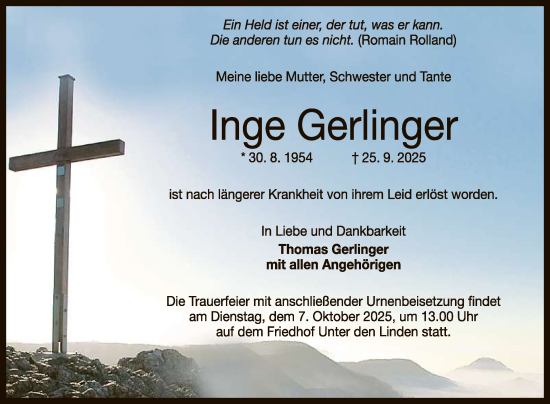 Anzeige von Inge Gerlinger von Reutlinger General-Anzeiger