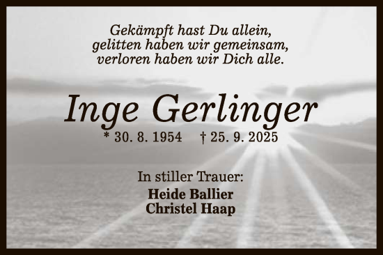 Anzeige von Inge Gerlinger von Reutlinger General-Anzeiger