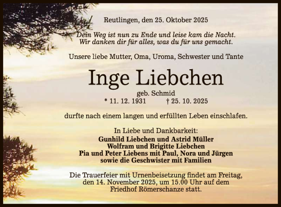 Anzeige von Inge Liebchen von Reutlinger General-Anzeiger