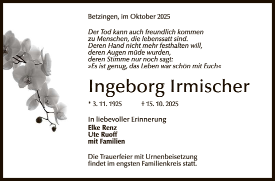 Anzeige von Ingeborg Irmischer von Reutlinger General-Anzeiger