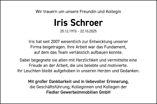 Anzeige von Iris Schroer von Reutlinger General-Anzeiger