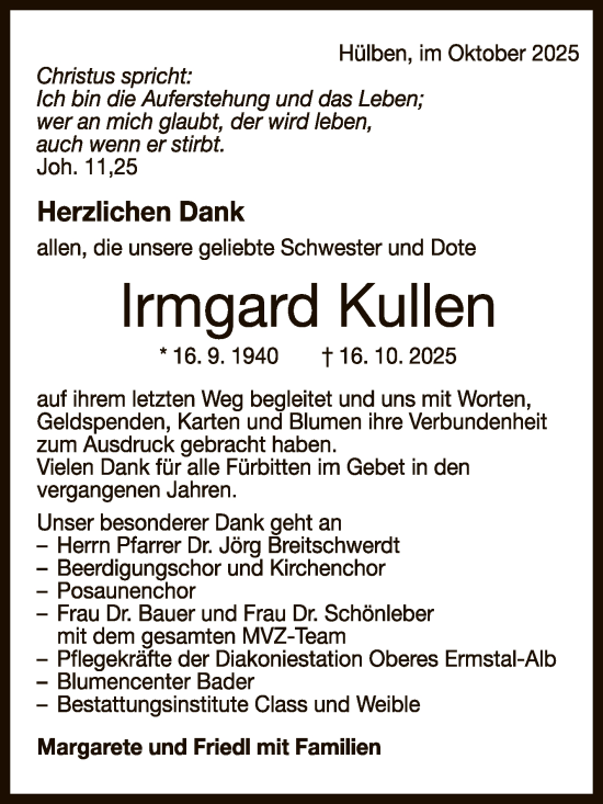Anzeige von Irmgard Kullen von Reutlinger General-Anzeiger