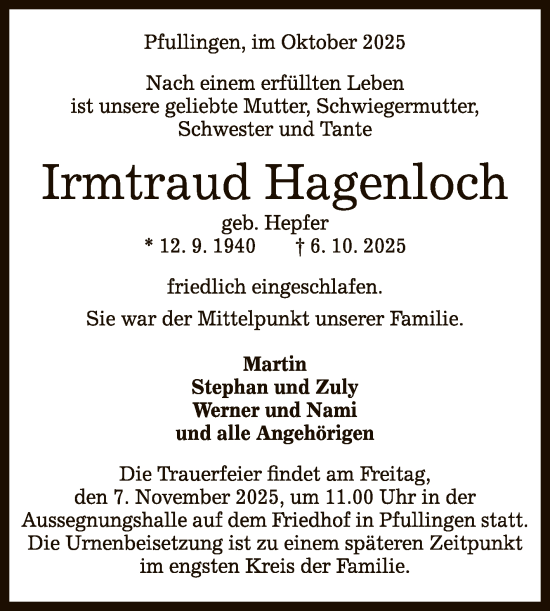 Anzeige von Irmtraud Hagenloch von Reutlinger General-Anzeiger