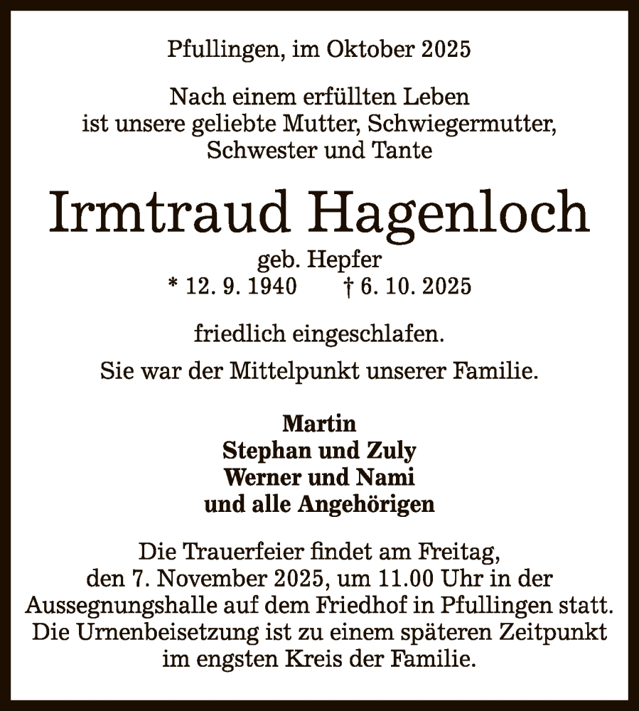 Traueranzeige für Irmtraud Hagenloch vom 25.10.2025 aus Reutlinger General-Anzeiger