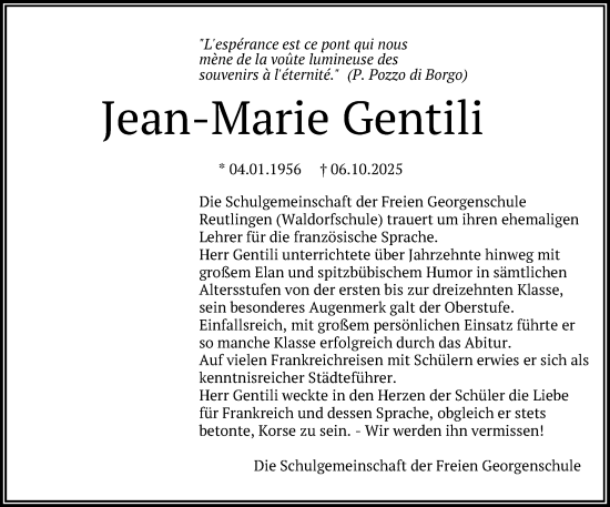 Anzeige von Jean-Marie Gentili von Reutlinger General-Anzeiger