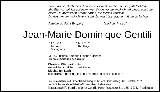 Anzeige von Jean-Marie Dominique Gentili von Reutlinger General-Anzeiger