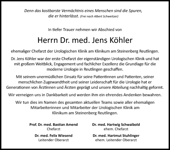 Anzeige von Jens Köhler von Reutlinger General-Anzeiger