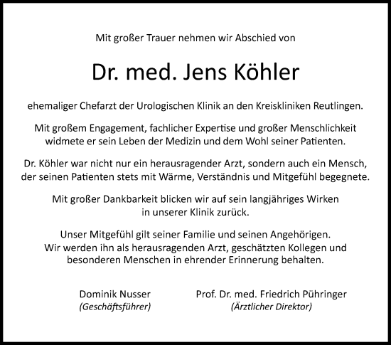 Anzeige von Jens Köhler von Reutlinger General-Anzeiger