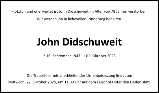 Anzeige von John Didschuweit von Reutlinger General-Anzeiger