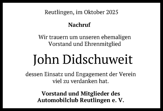 Anzeige von John Didschuweit von Reutlinger General-Anzeiger