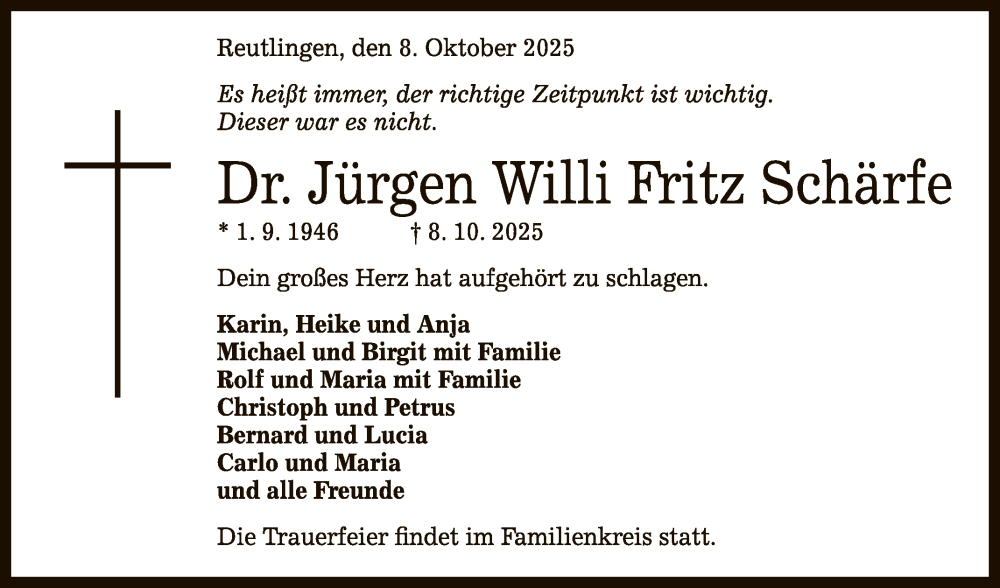 Traueranzeige für Jürgen Willi Fritz Schärfe vom 11.10.2025 aus Reutlinger General-Anzeiger
