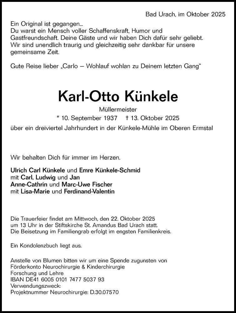  Traueranzeige für Karl-Otto Künkele vom 18.10.2025 aus Reutlinger General-Anzeiger