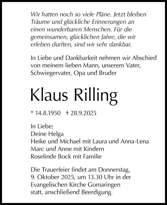 Anzeige von Klaus Rilling von Reutlinger General-Anzeiger