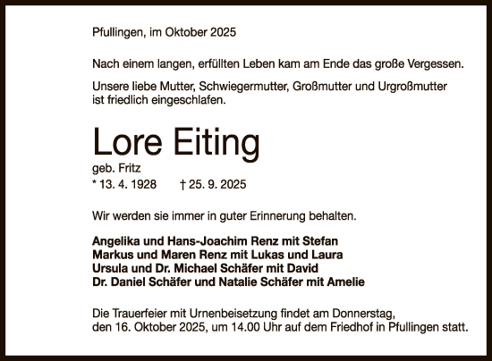 Anzeige von Lore Eiting von Reutlinger General-Anzeiger
