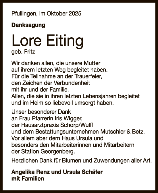 Anzeige von Lore Eiting von Reutlinger General-Anzeiger