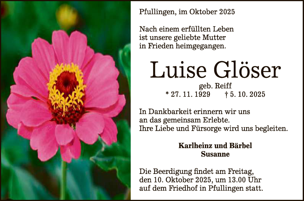  Traueranzeige für Luise Glöser vom 07.10.2025 aus Reutlinger General-Anzeiger