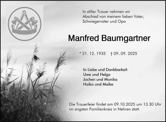 Anzeige von Manfred Baumgartner von Reutlinger General-Anzeiger