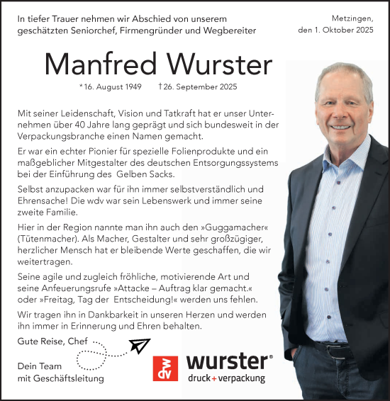 Anzeige von Manfred Wurster von Reutlinger General-Anzeiger