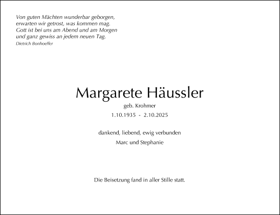 Anzeige von Margarete Häussler von Reutlinger General-Anzeiger
