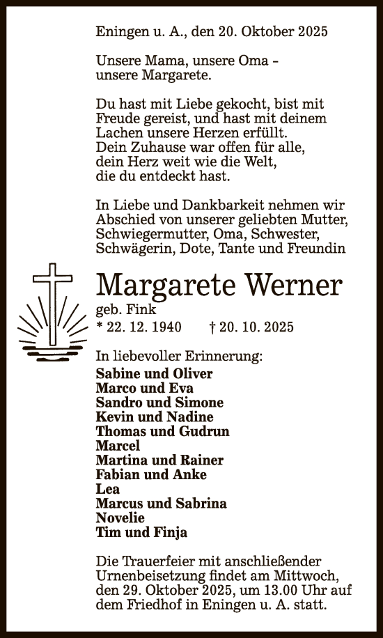 Anzeige von Margarete Werner von Reutlinger General-Anzeiger
