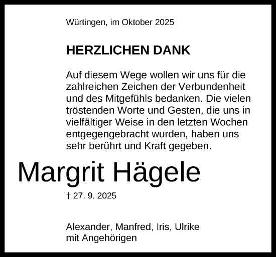 Anzeige von Margrit Hägele von Reutlinger General-Anzeiger