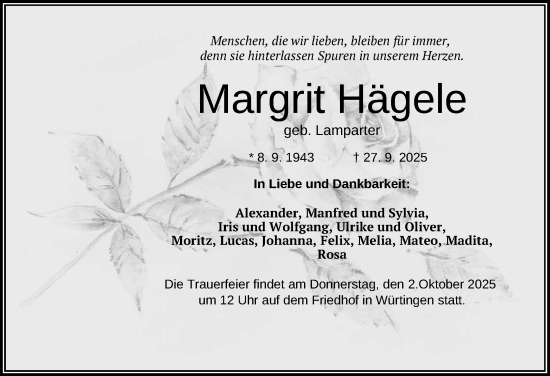 Anzeige von Margrit Hägele von Reutlinger General-Anzeiger