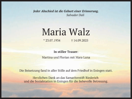 Anzeige von Maria Walz von Reutlinger General-Anzeiger