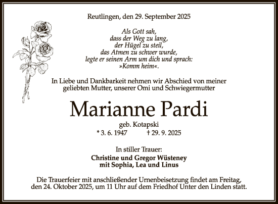 Anzeige von Marianne Pardi von Reutlinger General-Anzeiger