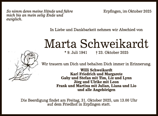 Anzeige von Marta Schweikardt von Reutlinger General-Anzeiger