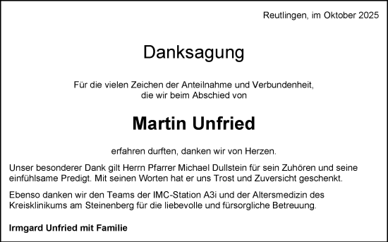 Anzeige von Martin Unfried von Reutlinger General-Anzeiger