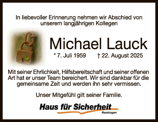 Anzeige von Michael Lauck von Reutlinger General-Anzeiger